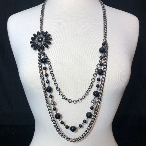 Long Black Flower Layered Chain Beaded Necklace - Picture 1 of 3